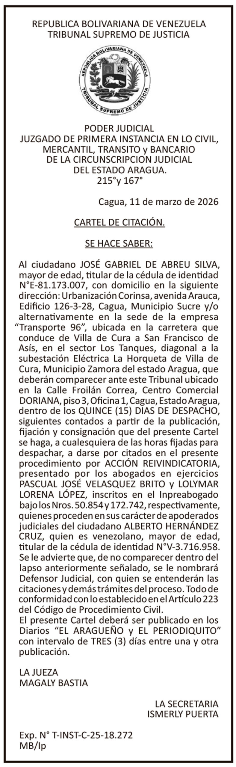 CARTEL DE CITACIÓN JOSÉ GABRIEL DE ABREU SILVA