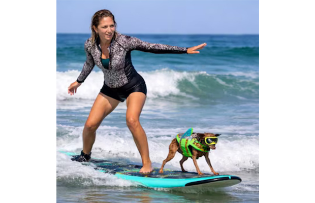 Una mujer y su perro superaron el cáncer y ahora surfean juntos en competencias